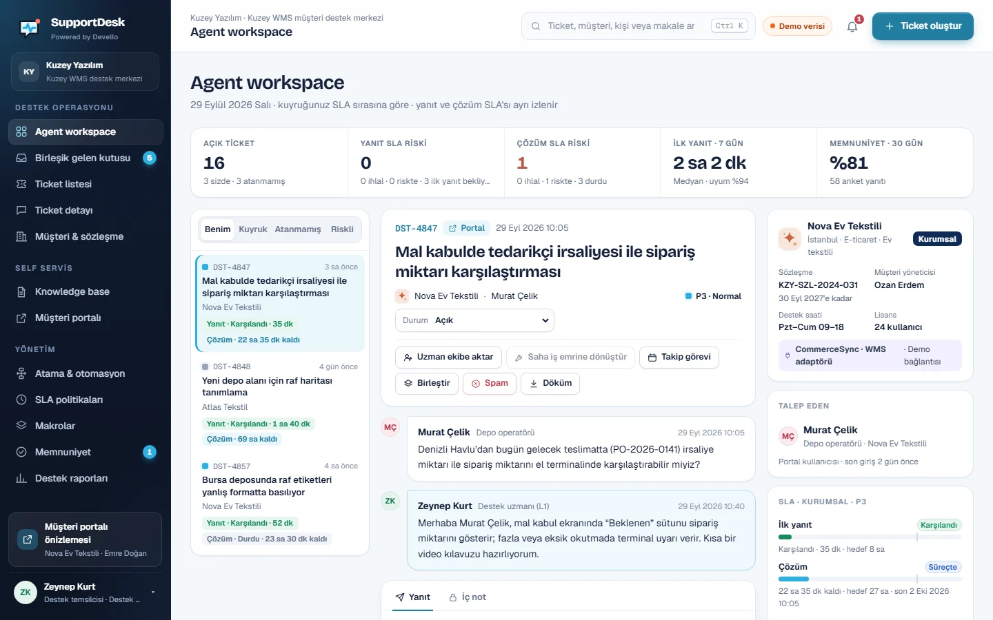 SupportDesk agent workspace: kuyruk, konuşma ve müşteri bağlamı